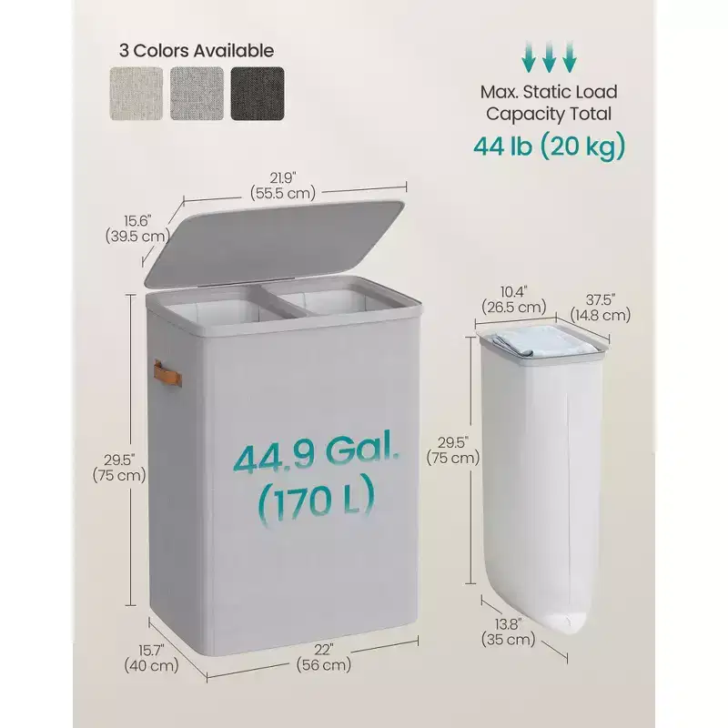 44.9 Gal Large Laundry Hamper with Lid, 2 Compartment Dirty Clothes Basket, Removable Inner Bags & Handles, 22x15.7x29.5 Inches