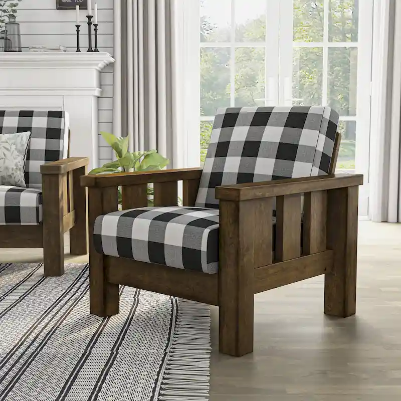 Rustic Oak Plaid Accent Chair - Single Seat