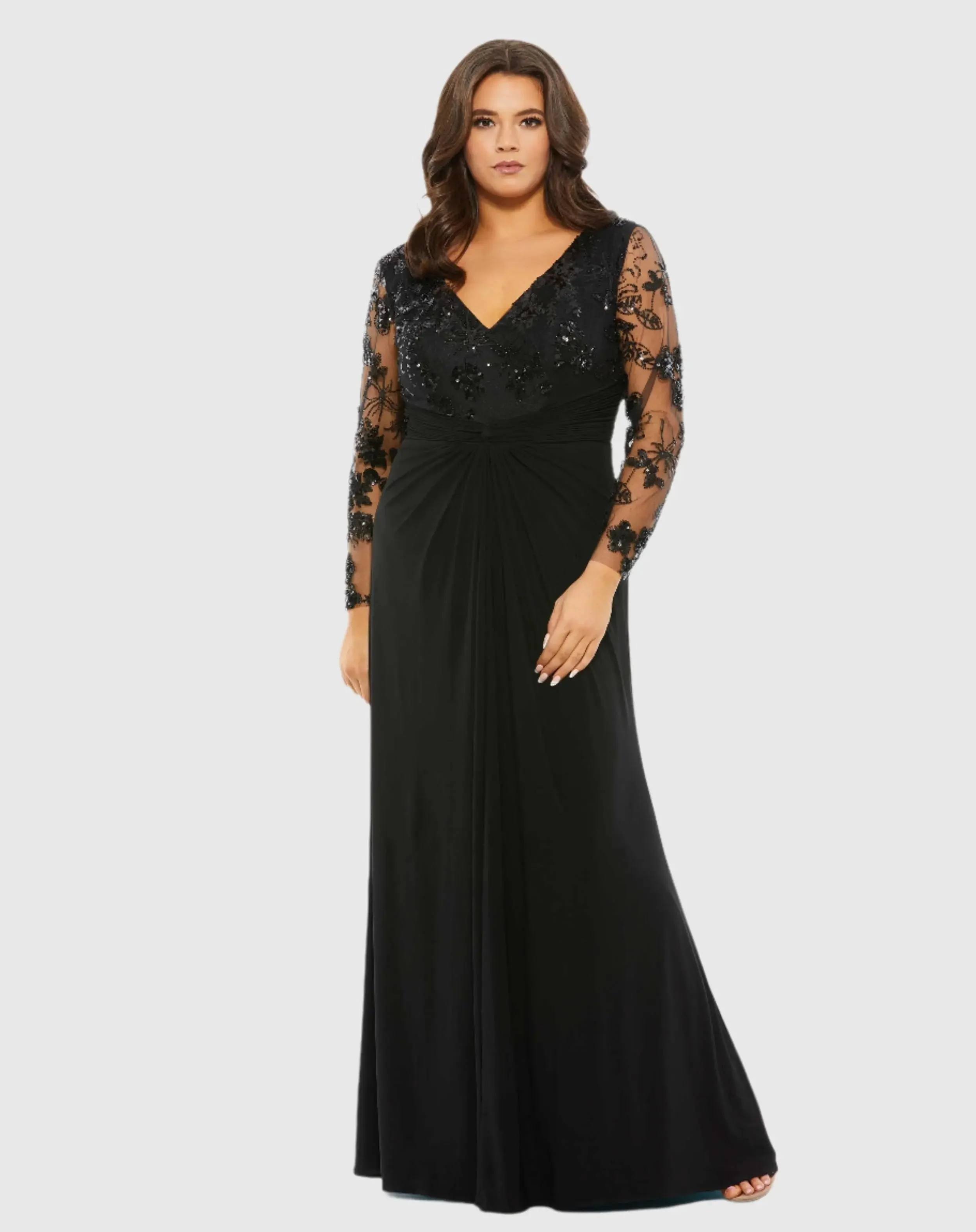 Black Front Twist Embellished Illusion Long Sleeve Gown (Plus)