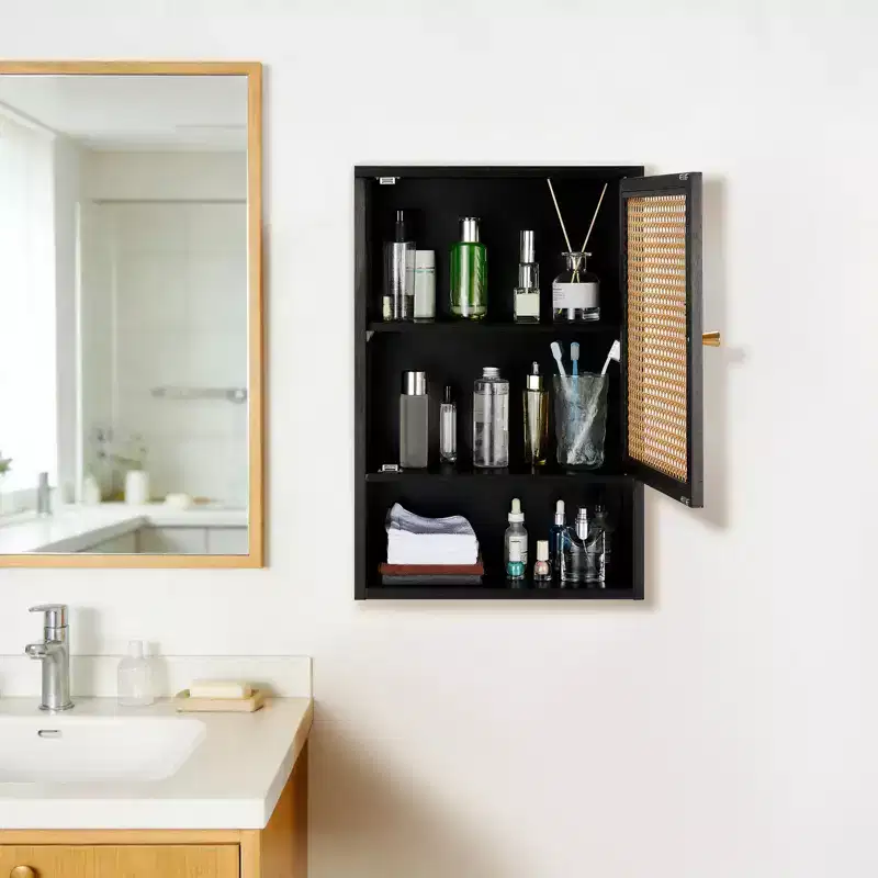 COZONY 24 Farmhouse Rattan Wall Cabinet with Woven Doors, 3 Tier Wood Bathroom Storage Organizer for Over Toilet Kitchen Laundry