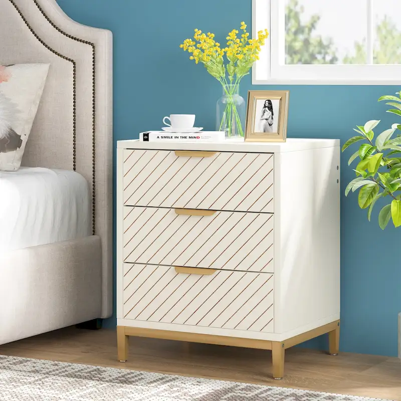 Modern 3-Drawer Nightstand with Metal Frame – White/Gold / Off-White / Brown/Black, Single