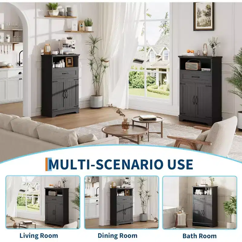 DobleePy Farmhouse Storage Cabinet with Doors and Drawer, Freestanding Floor Cabinet Organizer for Kitchen, Bathroom, Bedroom, or Living Room