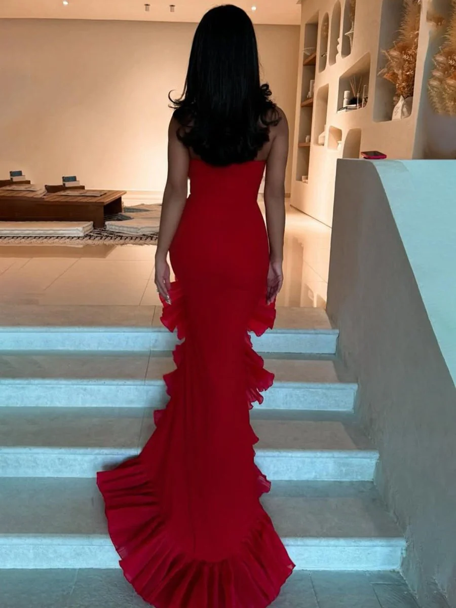 Red Strapless Ruffles Scoop Neck Mermaid Sleeveless Long Prom Dress
