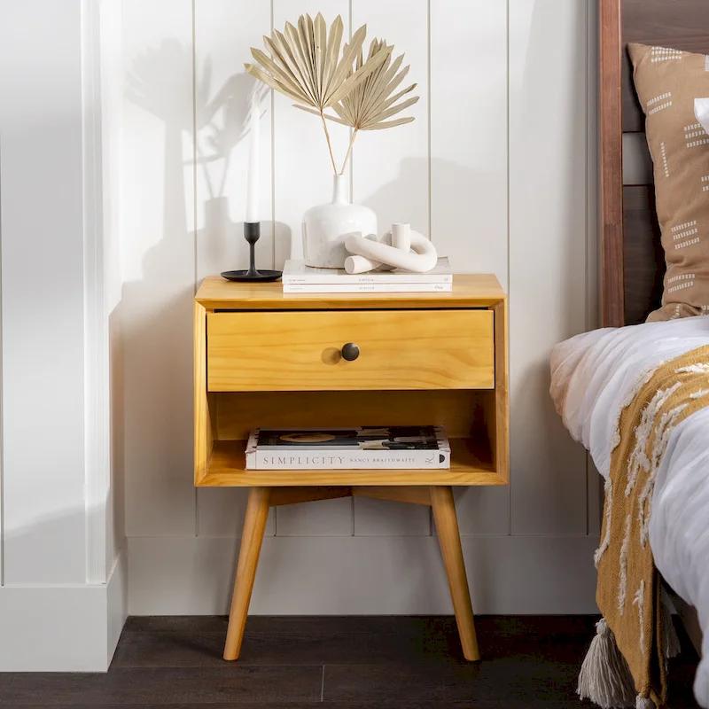 Mid-Century Solid Wood 1-Drawer Nightstand
