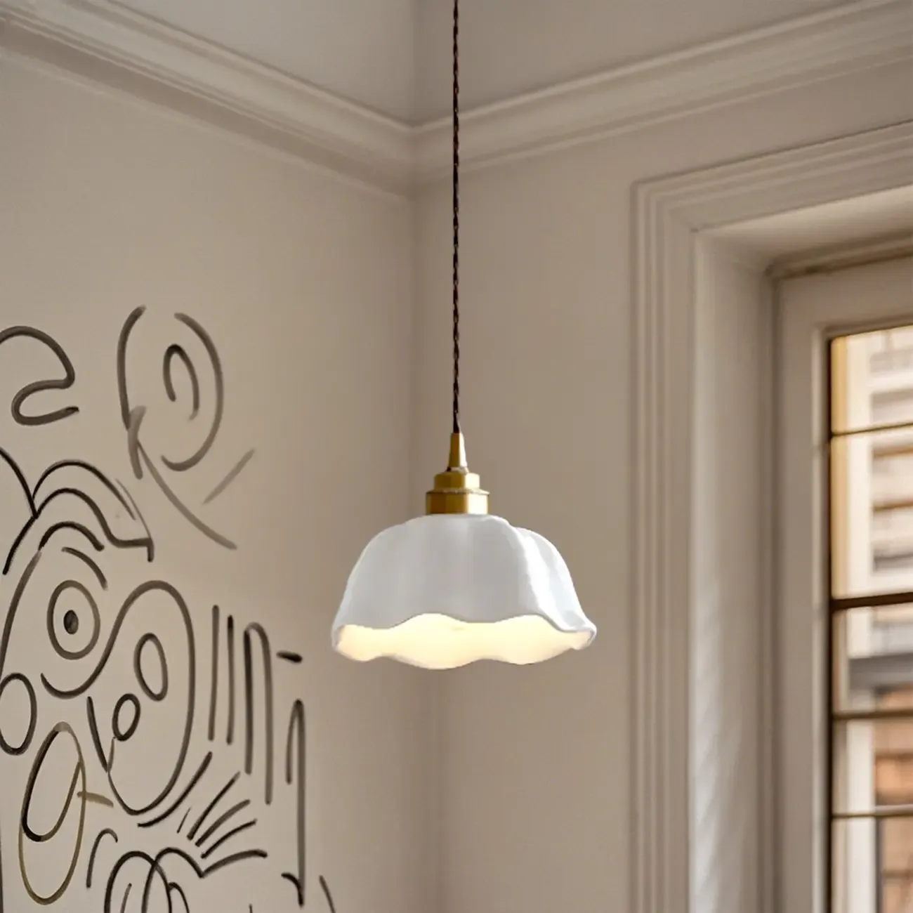 White Ceramic Floral Lampshade Pendant Light for Bedroom