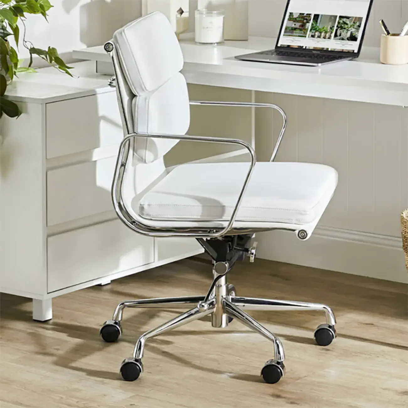 Modern Silver Metal White Leather Swivel Office Chair