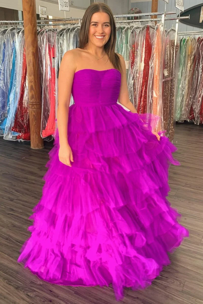 A-Line Strapless Tiered Tulle Prom Dress with Ruffles