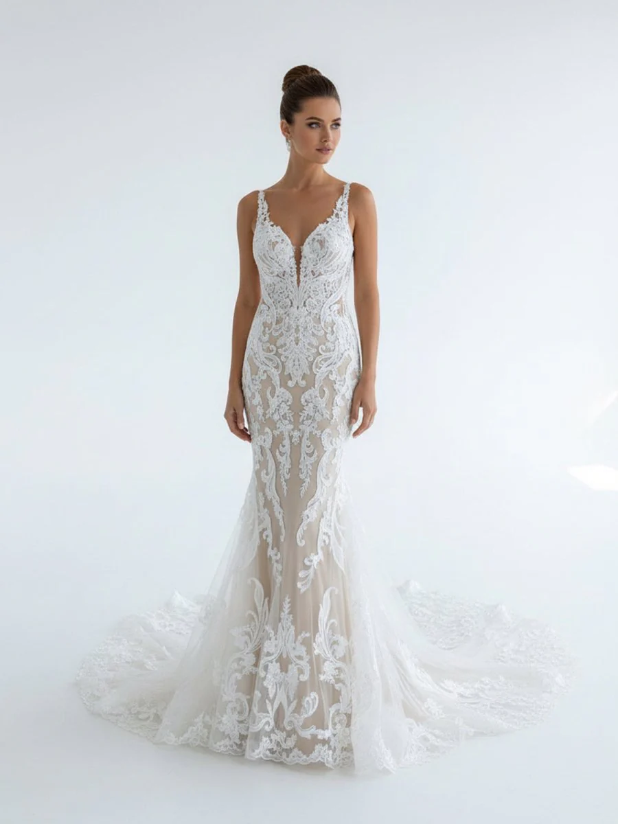 Mermaid V Neck Tulle Lace Wedding Dresses with Train