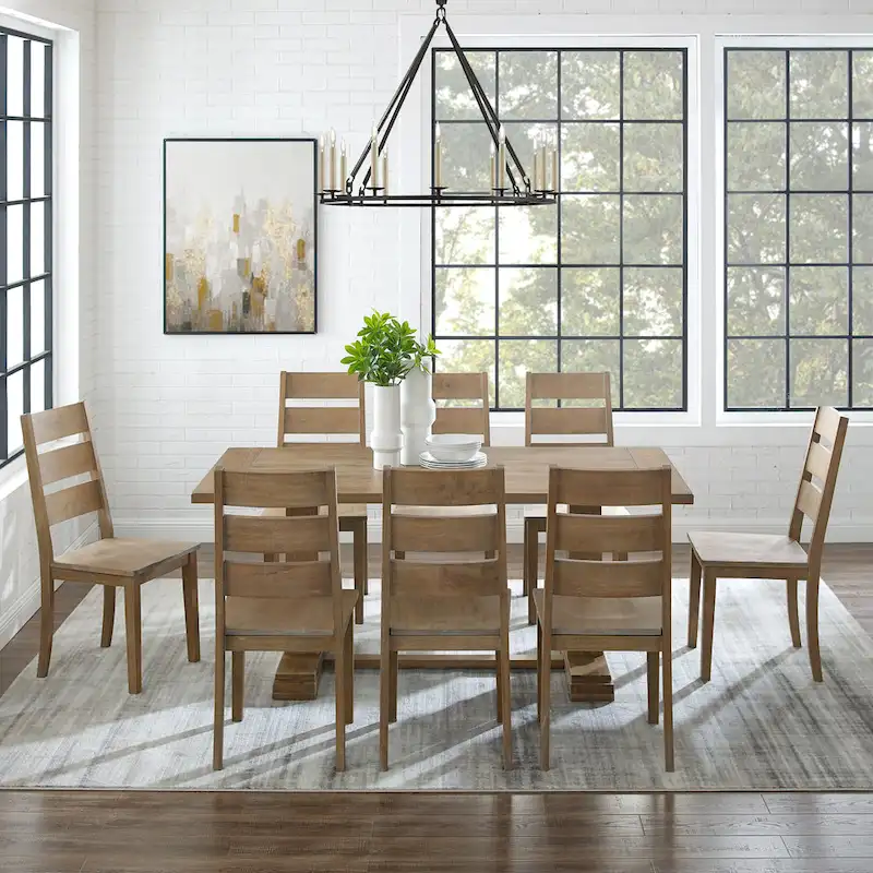 Rustic Brown Trestle Dining Table with 8 Ladder Back Chairs