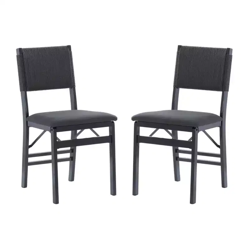 Linon Set of 2 Thames Rope Back Padded Seat Midcentury Modern Folding Chair Black: Rubberwood, Polyester Upholstery, No Assembly Required
