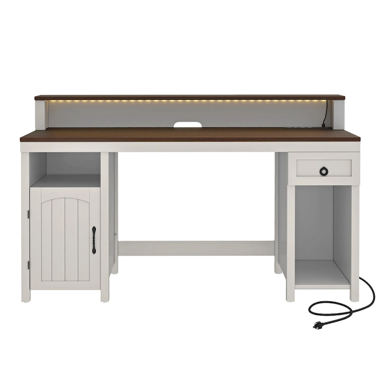 Moasis Farmhouse Wood Office Desk with Drawer and LED Strip & Power Outlets