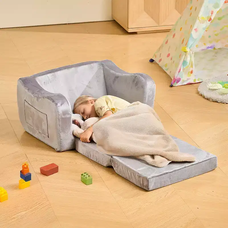VEVOR 2-in-1 Kids Sofa, Foldable Toddler Soft Couch with Armrests, Made of 28D Sponge & Short Pile, Convertible Toddler Chair to Lounger, M, Gray
