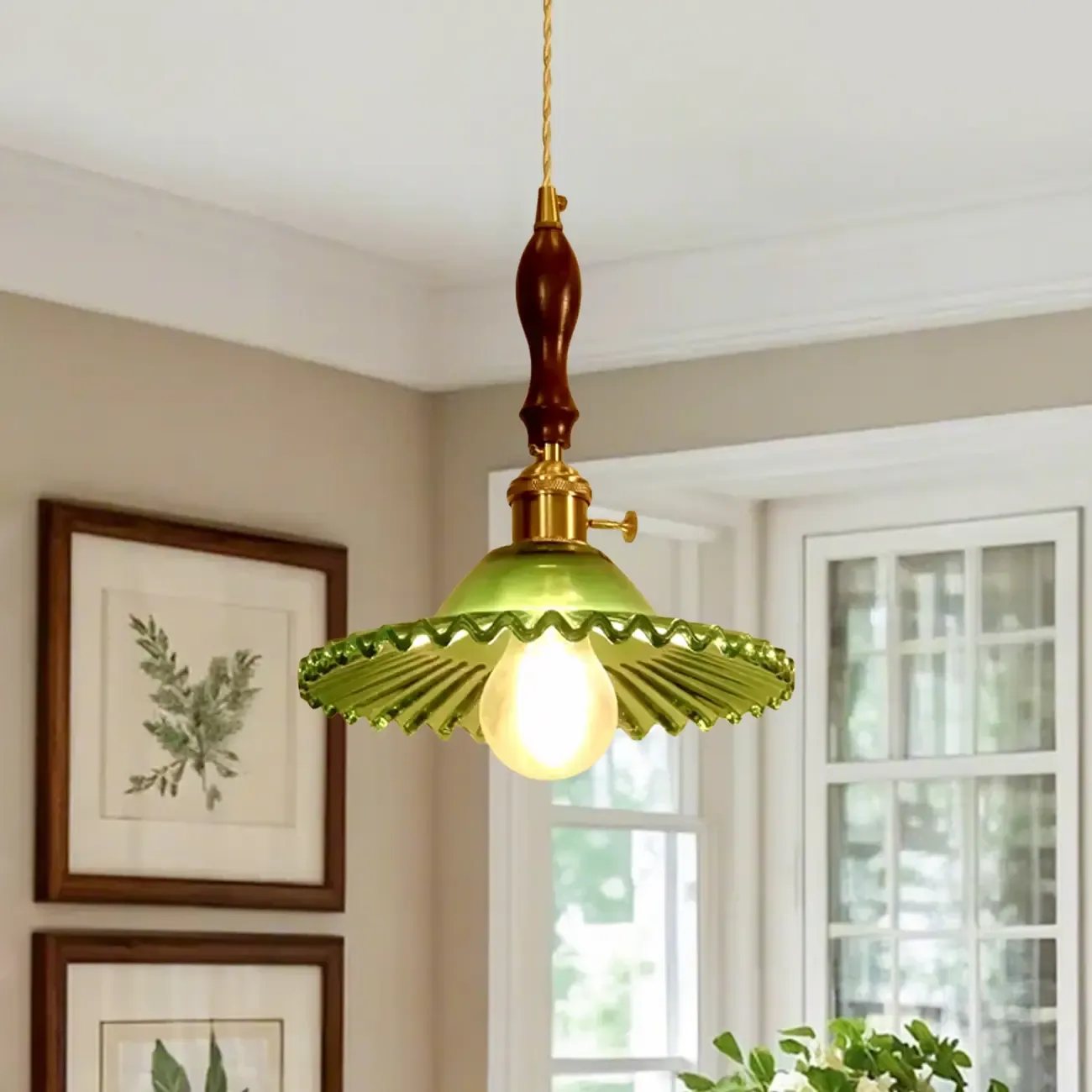 vintage green glass pleated led pendant light for bedroom