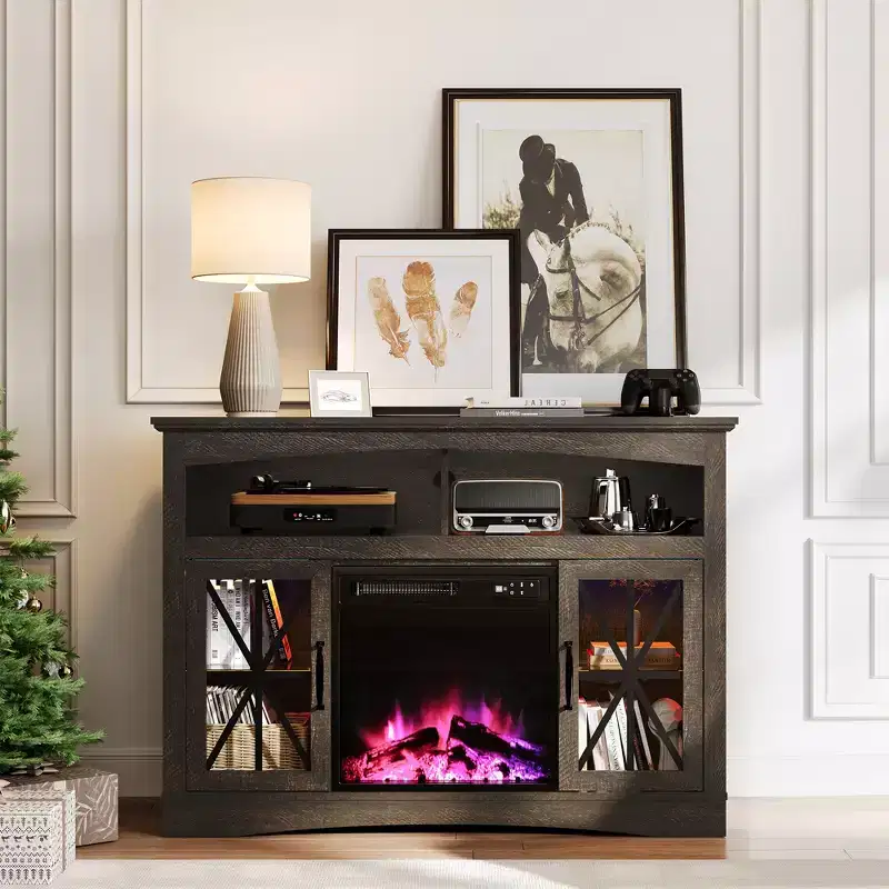 Heynemo Farmhouse TV Stand with 18'' Fireplace Insert, 47'' TV Console with Glass Doors & LED Lights, Media Entertainment Center with Shelves