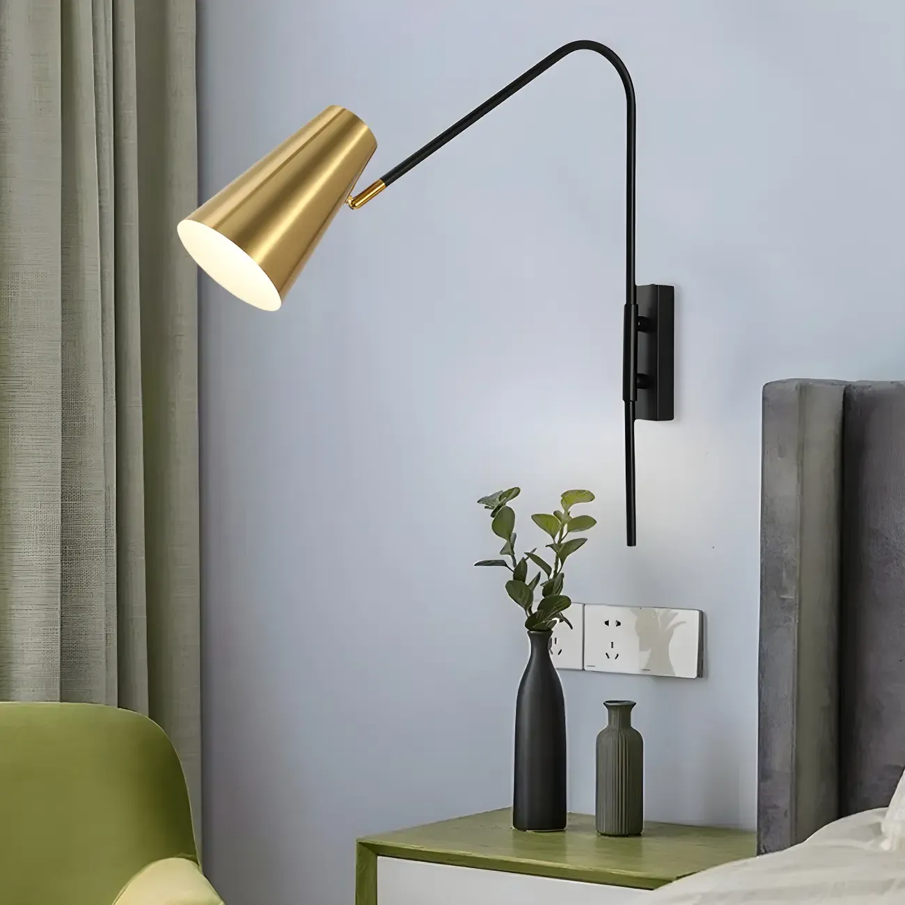 Simple Metal Black Swing Arm Brass Cone Shade Wall Light