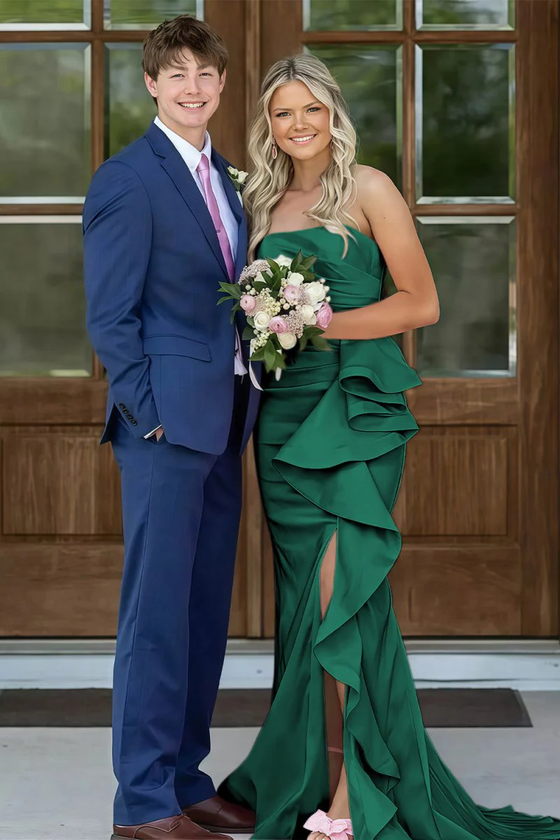 Pink Mermaid Strapless Satin Ruffled Long Prom Dresses with Slit