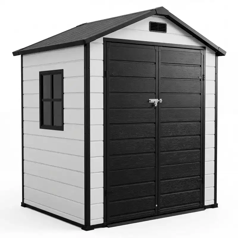 6x4 ft Natural Wood Color Resin Outdoor Storage Shed with Floor, Window, Lockable Door, 2 Vents & Sloped Roof for Patio, Garden & Tool Storage