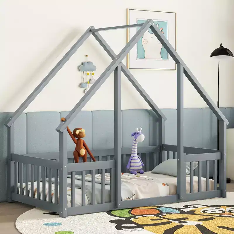 Bellemave Wood House Floor Bed with Roof Frame & Guardrails, Montessori Style Kids Bed, Low Profile Safety Design, Twin/Full Size, Grey/White
