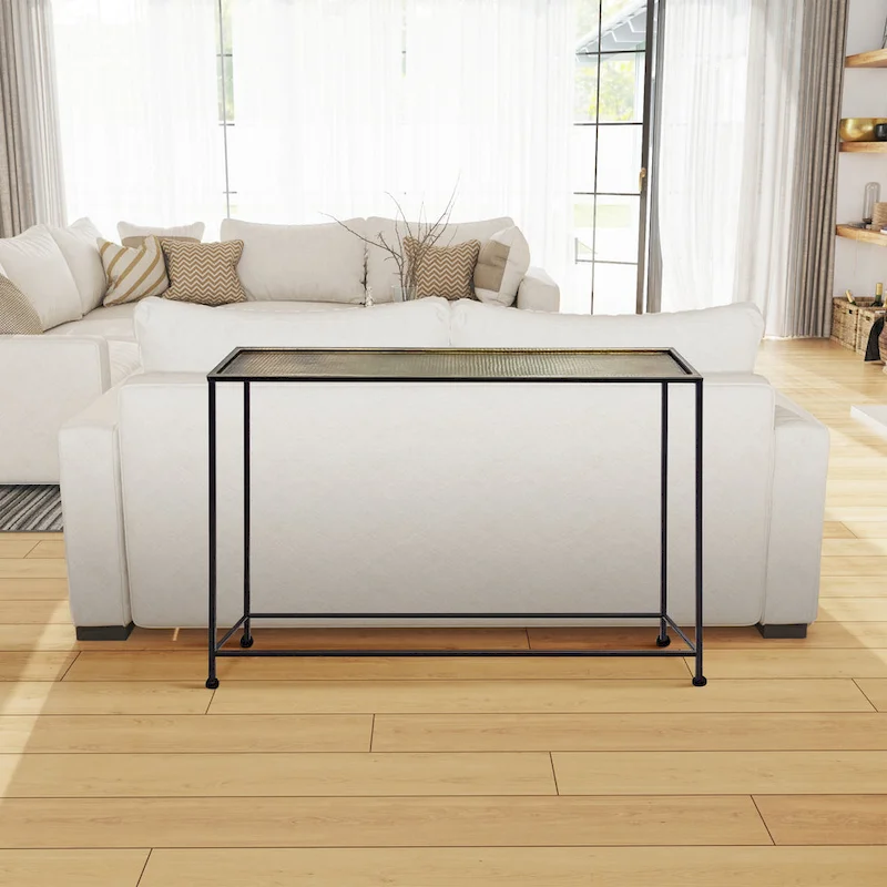 Aurelia 48 Inch Console Sofa Table, Artisanal Hammered Antique Bronze Tray Top, Industrial Black Iron Frame