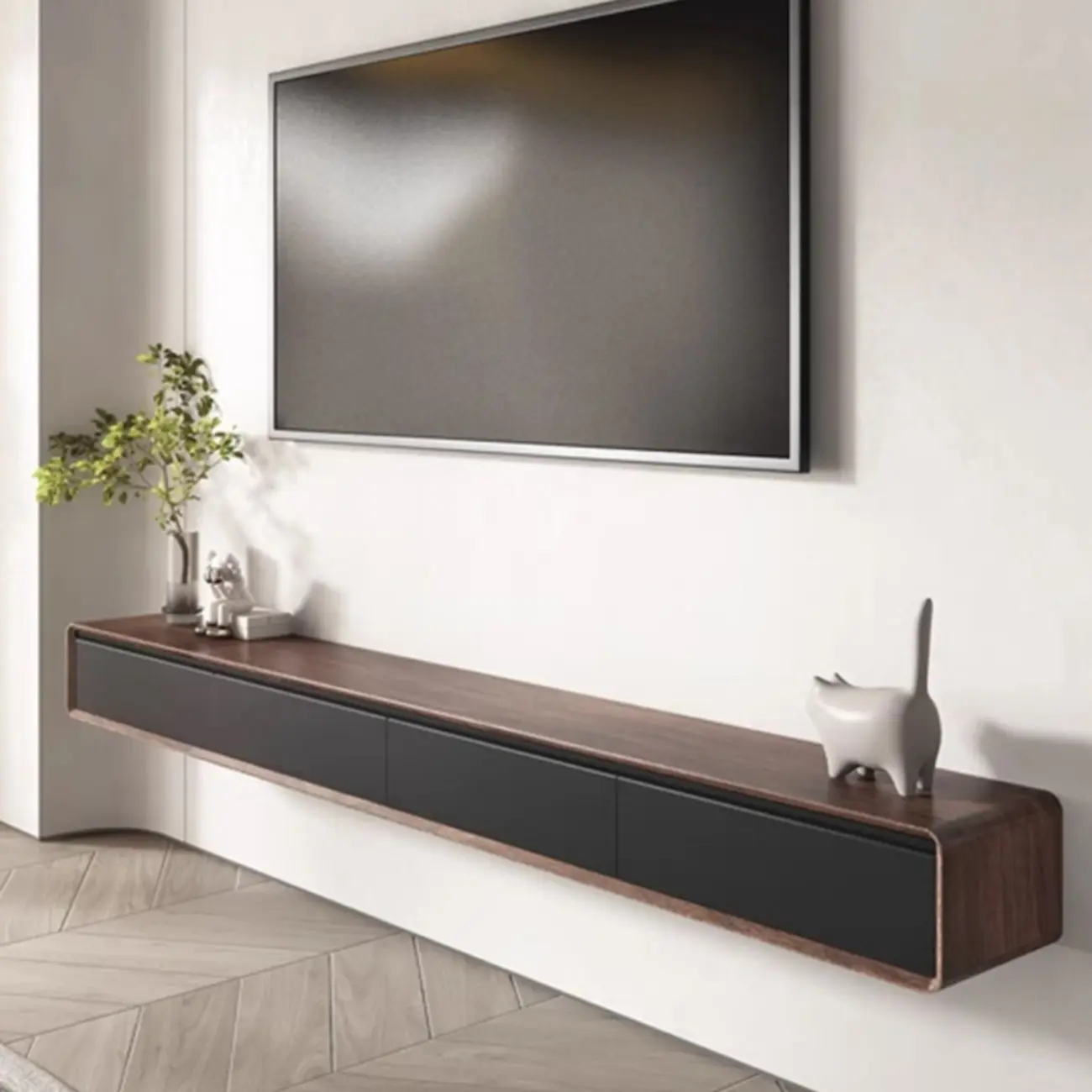 Walnut-Black Wood Drawers Floating Mount TV Stand Wall-Mounted
