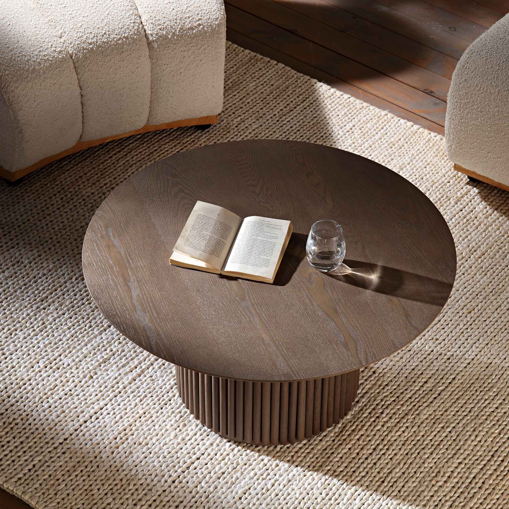Round Oak Pedestal Coffee Table, Silver Oak