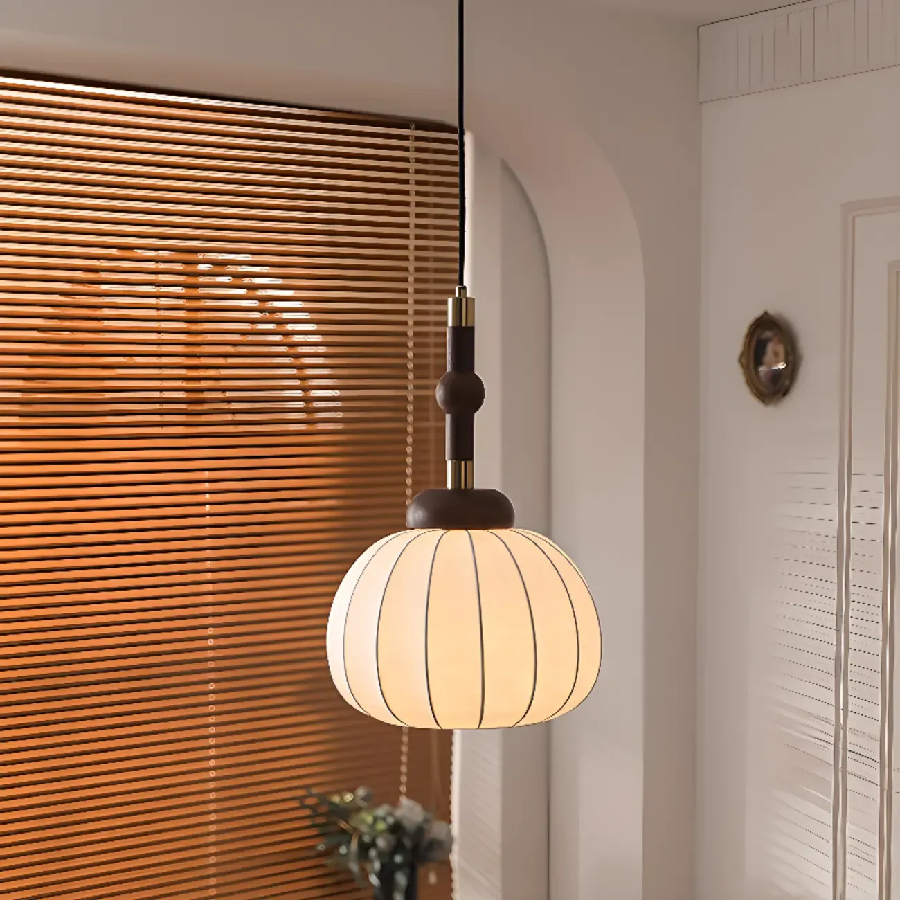 Contemporary Pumpkin Wood & Silk Beige Pendant Light