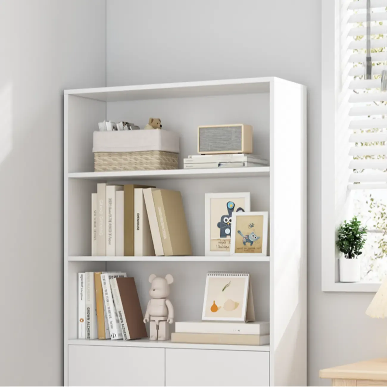 Narrow Modern Nut-Brown Wooden 3-Shelf Bookcase with Cabinet