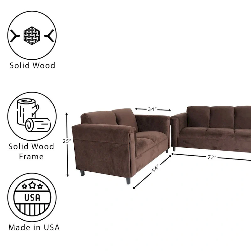 Coast to Coast Sofas Mid Century Modern Loveseat and Sofa Set Solid Wood Frame Upholstered