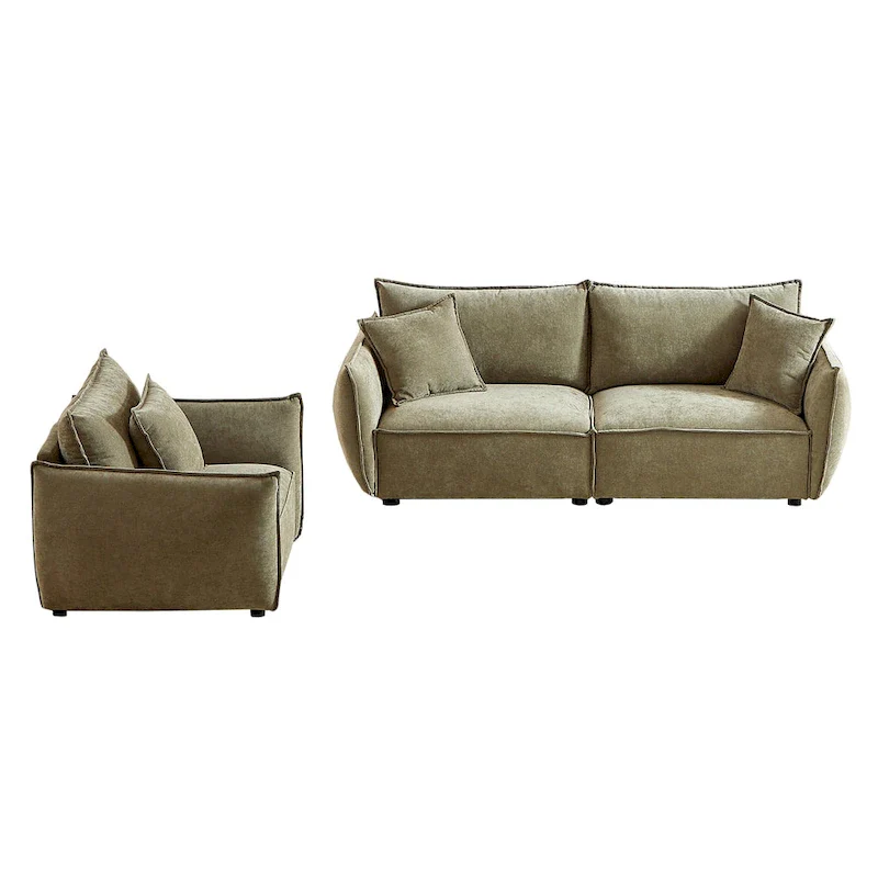 2-Pieces Linen Fabric 4-Seat Modular Sofa Set with 3+1 Seater Combo and Wooden Frame & 3 Pillows