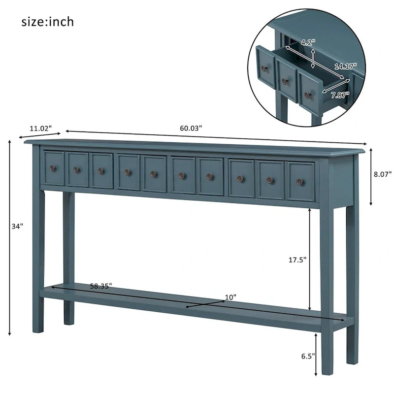 Blue / Brown / Navy Solid Wood Console Table with 4 Drawers & Lower Shelf – Rustic Style, Entryway Use