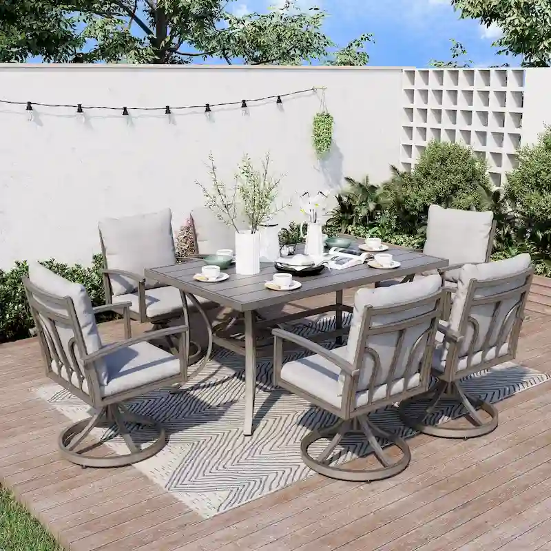 7-Piece Aluminum Patio Dining Set with 6 Swivel Dining Chairs and Washable Cushions
