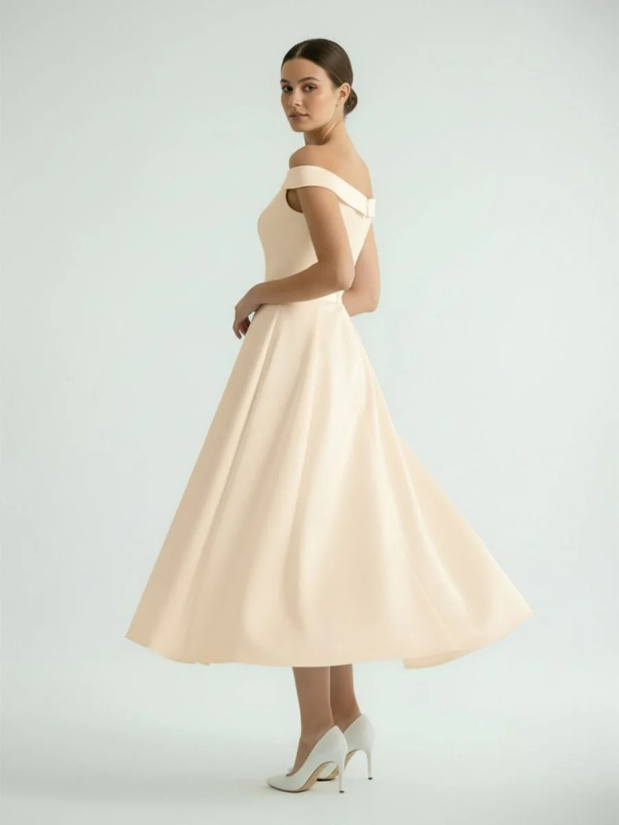 Sleeveless Tea-Length Satin Wedding Dress With Sash And Off-The-Shoulder Neck