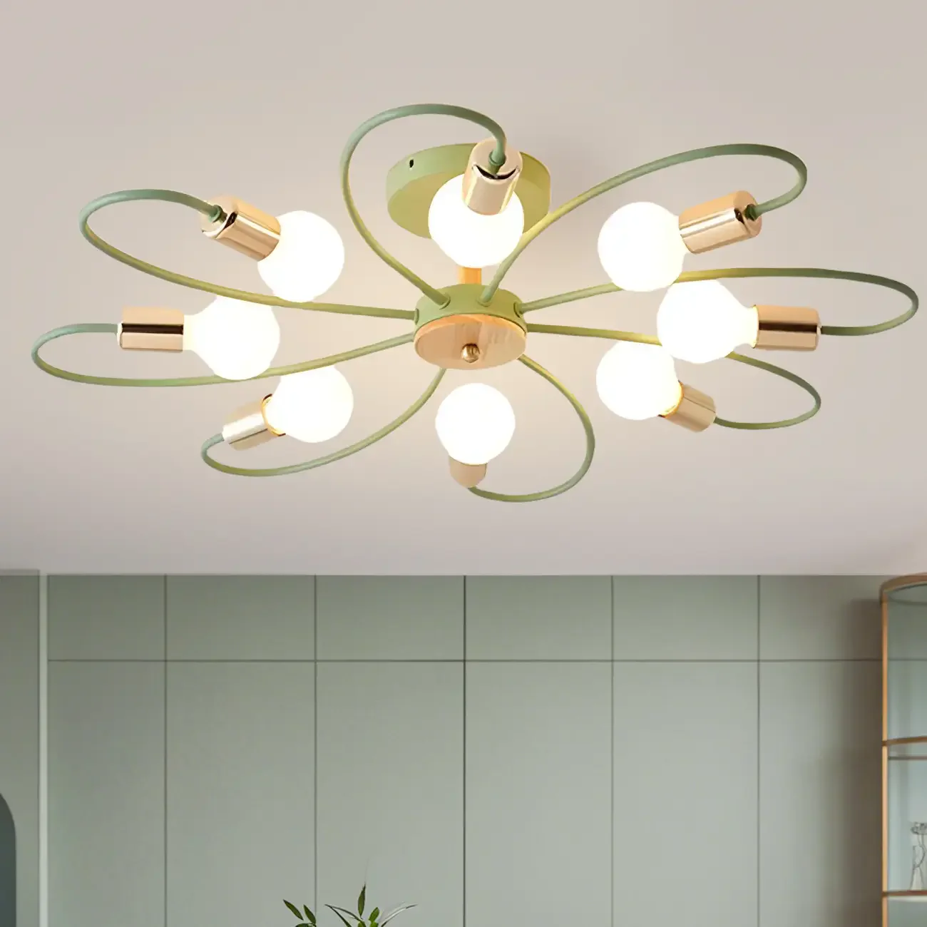 Modern Green Curved Sputnik Semi Flush Mount Ceiling Light