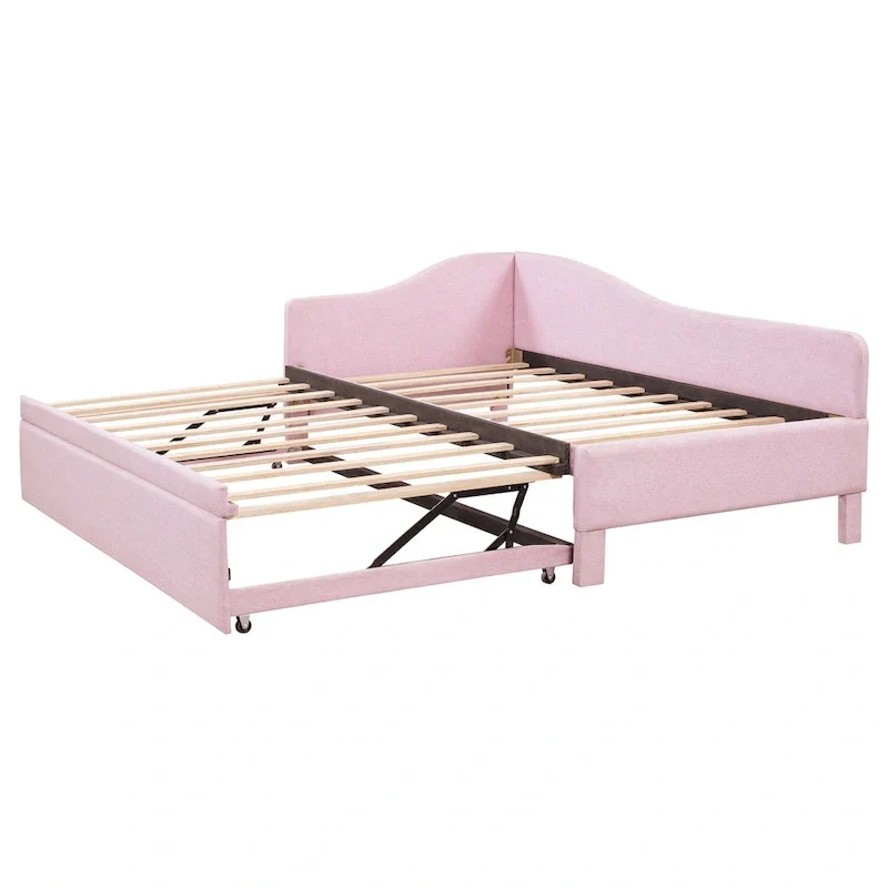 Twin Size L-Shaped Upholstered Daybed with Pop-Up Trundle – Pink