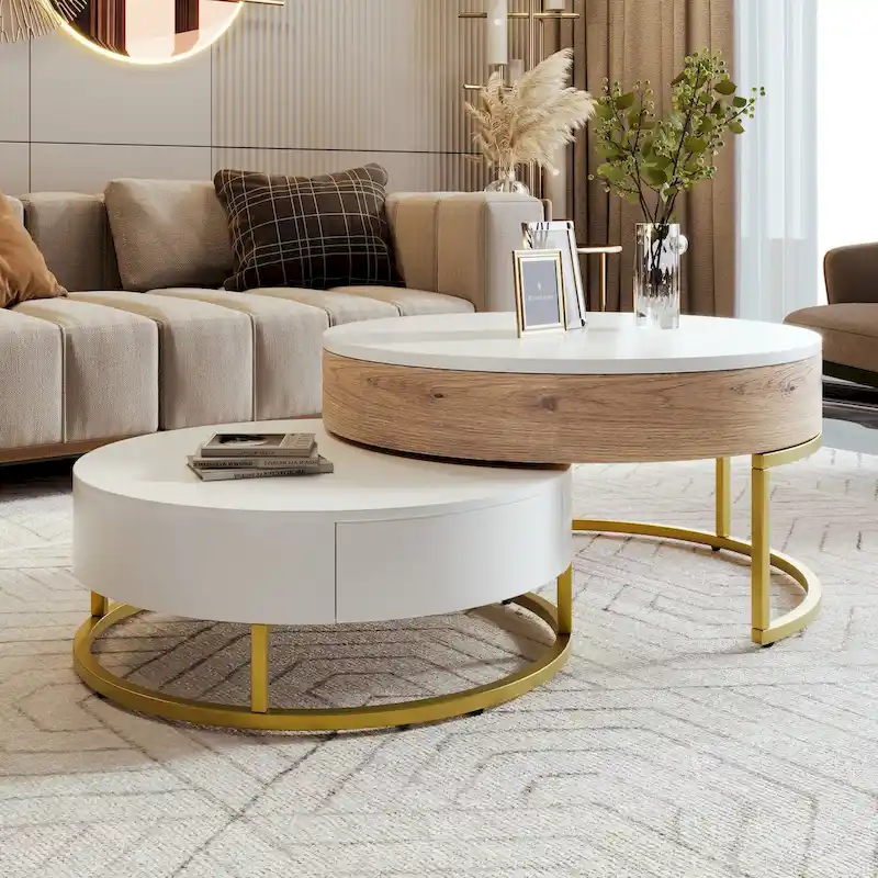 Modern Round Lift-top Nesting Coffee Tables with 2 Drawers White & Black