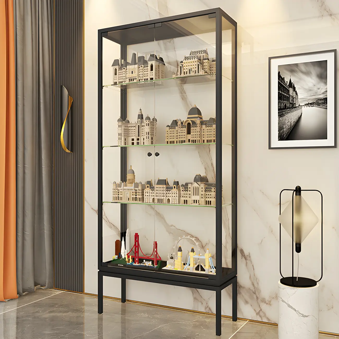 Glam Clear Glass Shelf Black Metal Frame Curio Cabinet