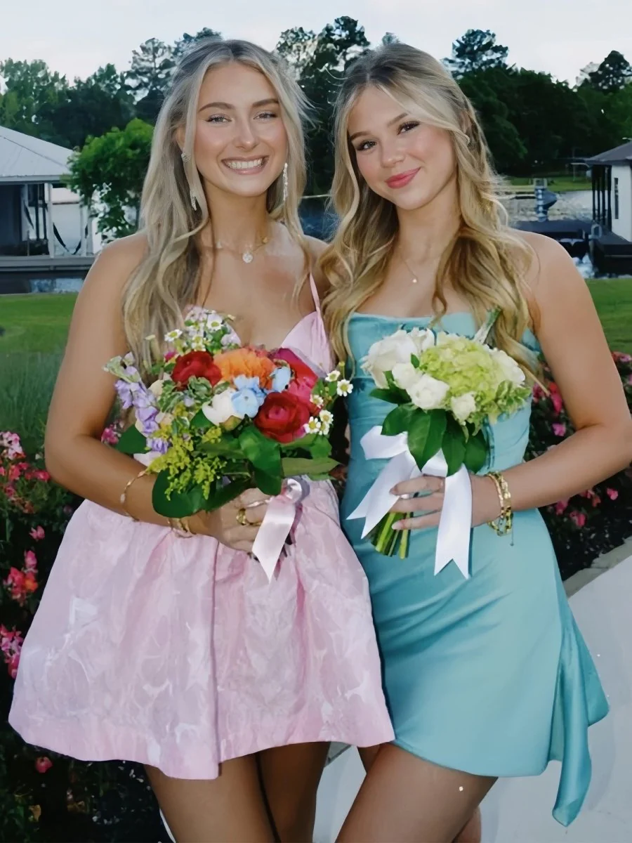 Aqua - Strapless Sheath Irregular Hem Satin Short Homecoming & Cocktail Dress