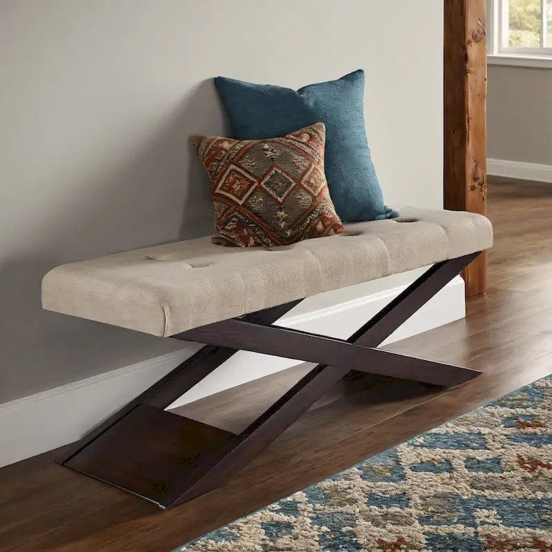 Marzala Beige Linen Wood X-Base Bench