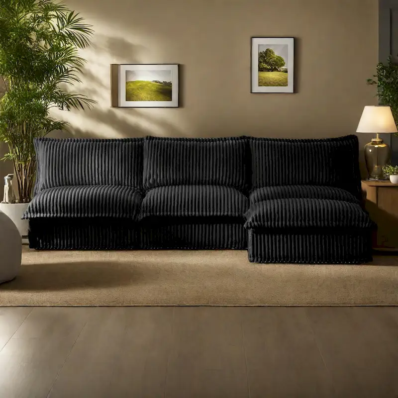Corduroy Slipcovered 3-Seater Armless Sectional Sofa with Reversible Ottoman, Free Combination Design, and Removable Covers