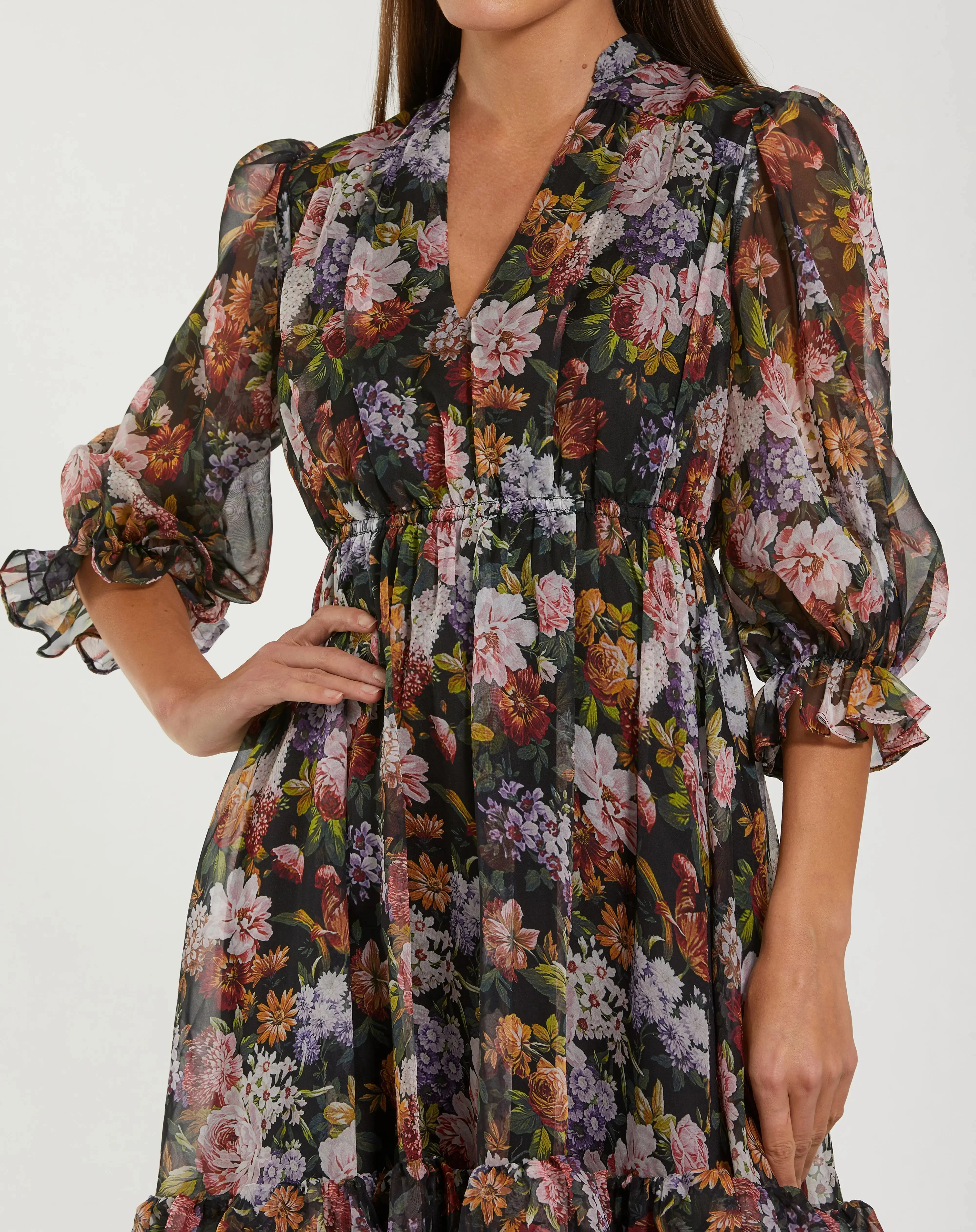 Black Floral Chiffon Ruffle Midi Dress with 3/4 Sleeves