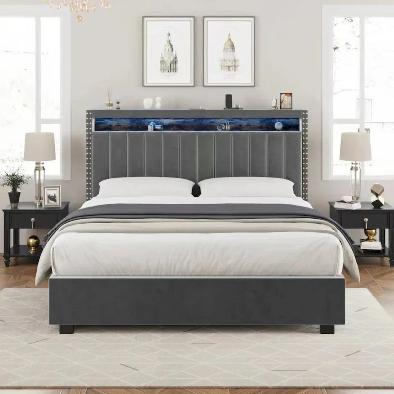 Dark Grey / Blue Linen Upholstered Gas Lift Storage Bed with LED Headboard, Shelf & Outlets – Full / Queen / King
