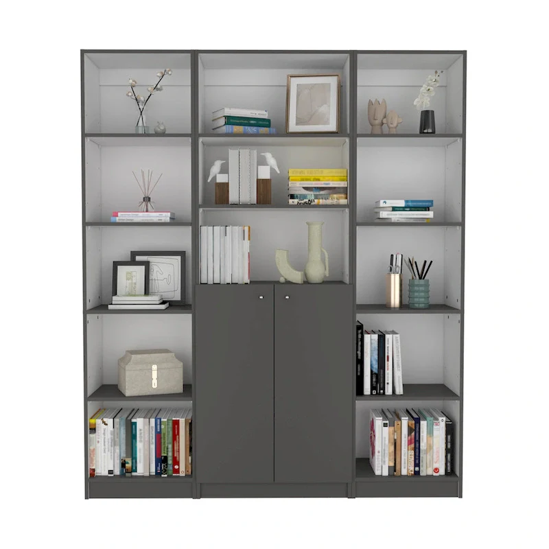 60 Wide 5-Shelf and Cabinet Bookcase Set of 3 Matt Grey - White