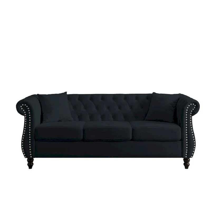 3-Seater Velvet Sofa with Rolled Arms and Nailhead Trim