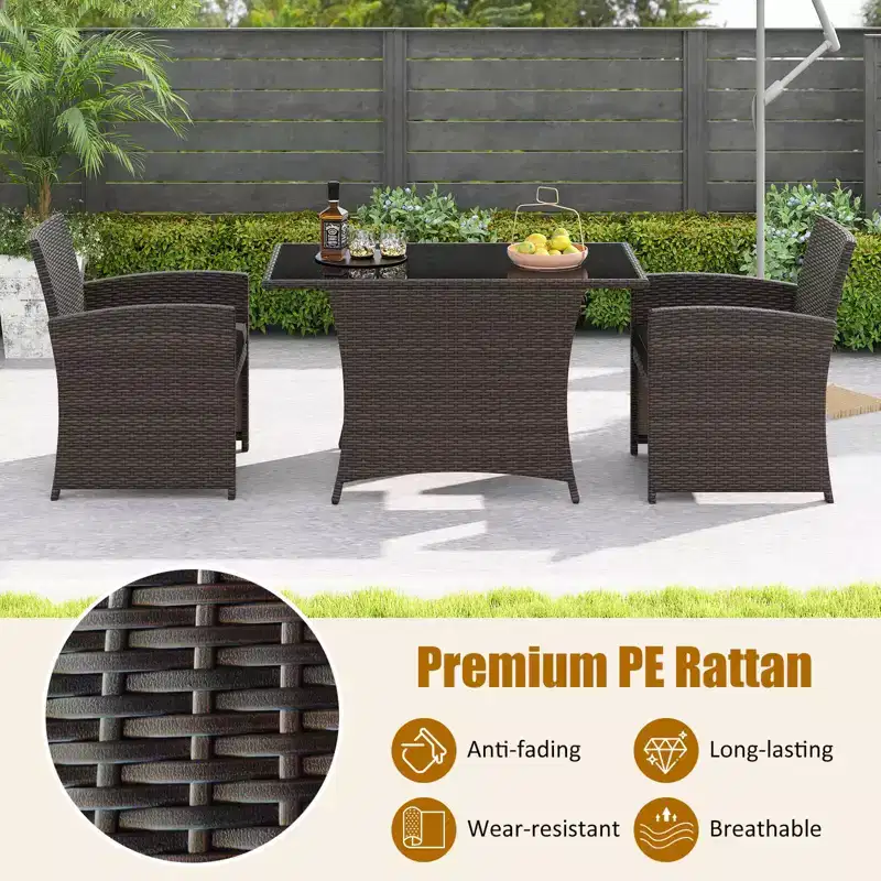Costway 3 PCS Wicker Bistro Set Balcony Furniture Set with Tempered Glass Dining Table
