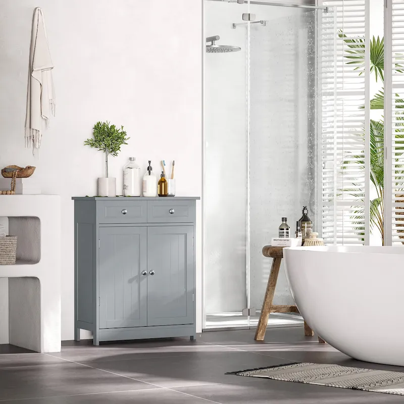 Grey Freestanding Bathroom Storage Tower, 2-Door 2-Drawer, 1-Person
