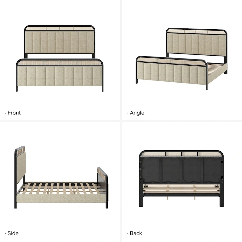 Alphons Modern Solid Wood Frame Ratten Bed with LED Headboard by HULALA HOME