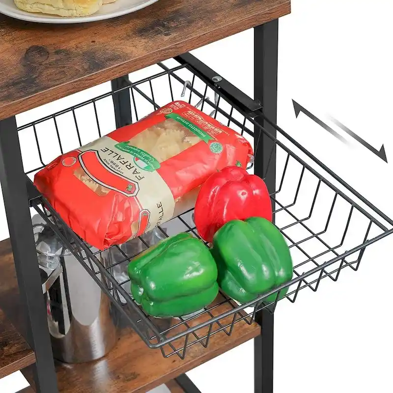 Kitchen Microwave Oven Stand Shelf with Wire Basket and 6 S-Hooks - 35.4L x 15.7W x 52H