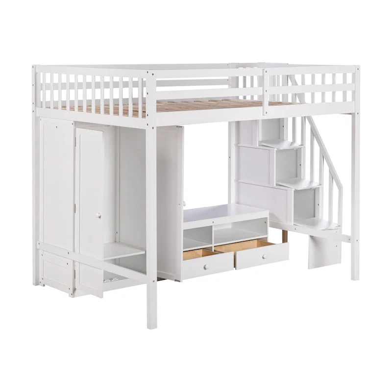 Full Size Loft Bed Frame with Wardrobe,Low Storage Table and Storage Staircase