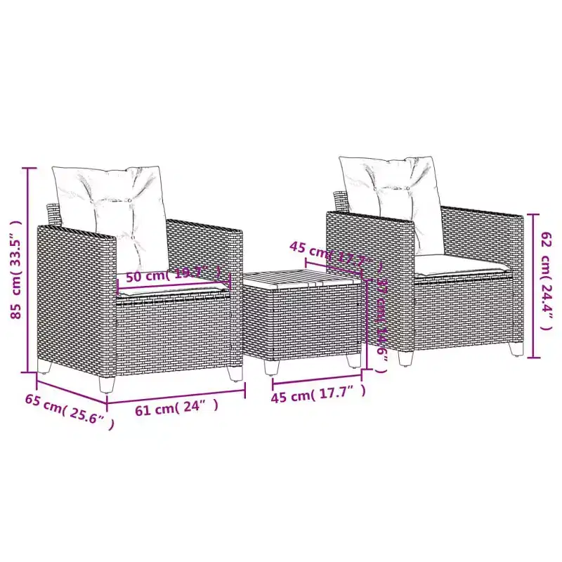 vidaXL Patio Bistro Set Grey PE Rattan Medium Adjustable Feet