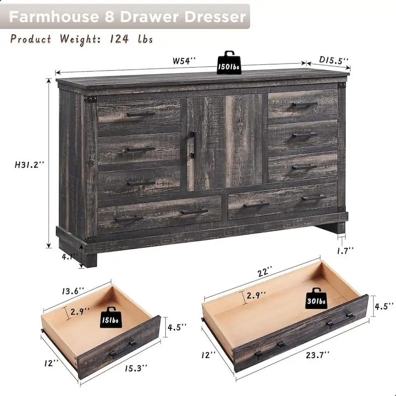 Farmhouse 8 Drawer Dresser, Wood Long Chest of Drawers, Closet Dresser